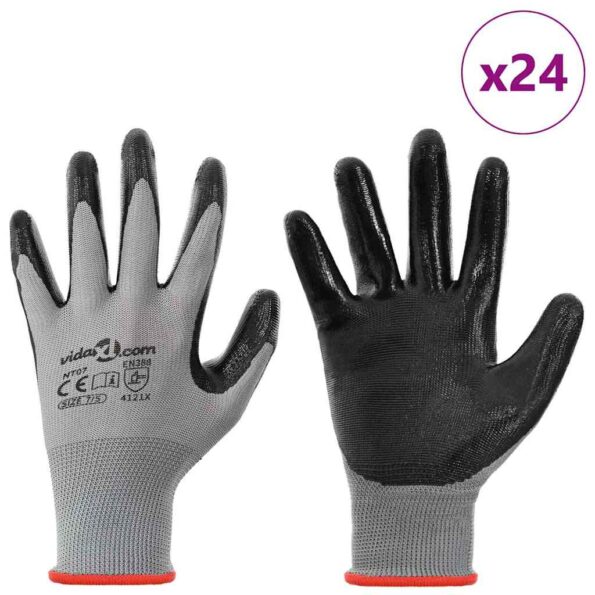 vidaXL Pracovné rukavice 24 pcs Šedá a čierna 7 / S Polyester – Obrázok 3