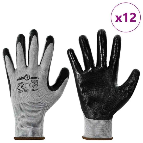 vidaXL Pracovné rukavice 12 pcs Šedá a čierna 8 / m Polyester – Obrázok 3