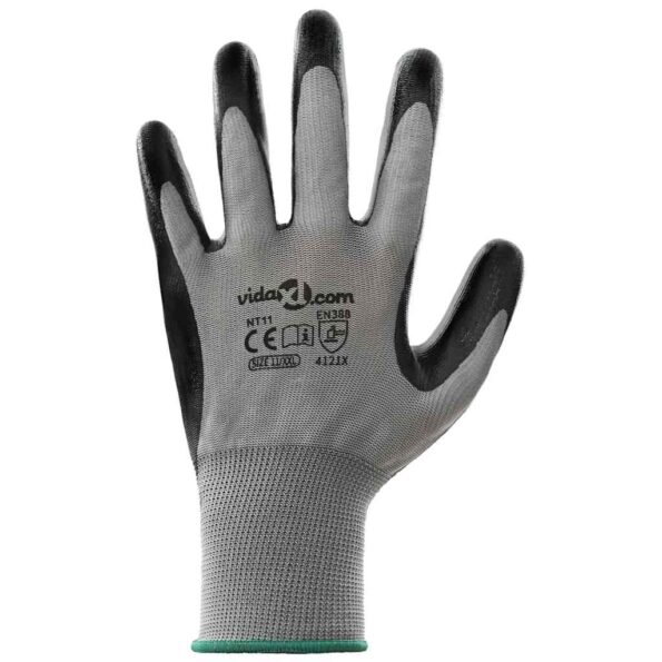 vidaXL Pracovné rukavice 12 pcs Šedá a čierna 11 / XXL Polyester – Obrázok 5