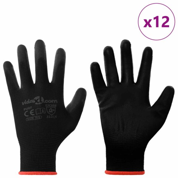 vidaXL Pracovné rukavice 12 pcs Čierna 7 / S Polyester – Obrázok 2