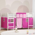 vidaXL Rám poschodovej postele pre deti s závesmi Biela a ružová