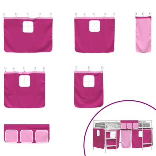 vidaXL Rám poschodovej postele pre deti s závesmi Biela a ružová – Obrázok 7