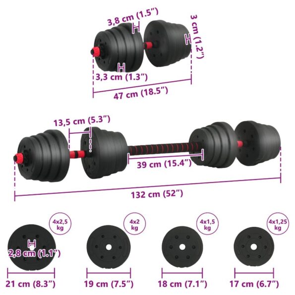 vidaXL 2-v-1 set činiek a činky 30kg 30kg Čierna a červená – Obrázok 8