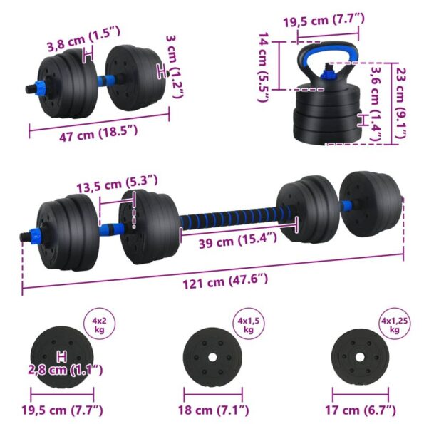 vidaXL 4-v-1 set činiek, činky a kettlebellu 20kg 20kg Čierna a modrá – Obrázok 9