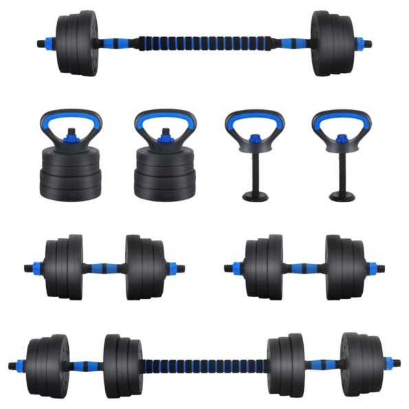 vidaXL 4-v-1 set činiek, činky a kettlebellu 20kg 20kg Čierna a modrá – Obrázok 10