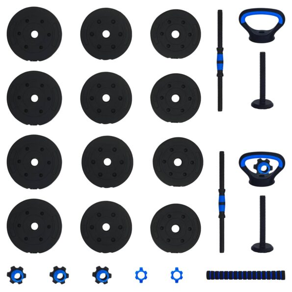 vidaXL 4-v-1 set činiek, činky a kettlebellu 20kg 20kg Čierna a modrá – Obrázok 6