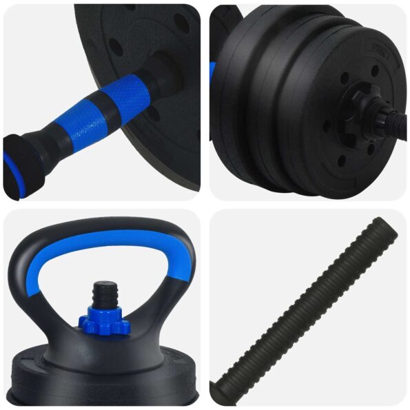 vidaXL 4-v-1 set činiek, činky a kettlebellu 20kg 20kg Čierna a modrá – Obrázok 7