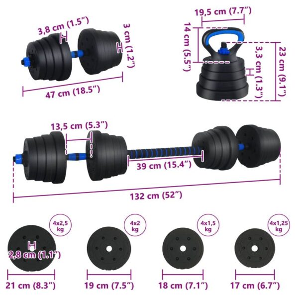 vidaXL 4-v-1 set činiek, činky a kettlebellu 30kg 30kg Čierna a modrá – Obrázok 9