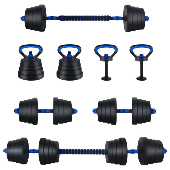 vidaXL 4-v-1 set činiek, činky a kettlebellu 30kg 30kg Čierna a modrá – Obrázok 10