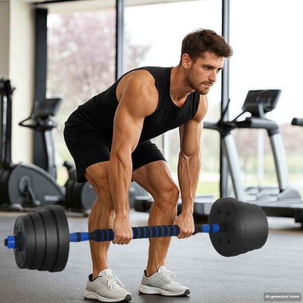 vidaXL 4-v-1 set činiek, činky a kettlebellu 30kg 30kg Čierna a modrá – Obrázok 2