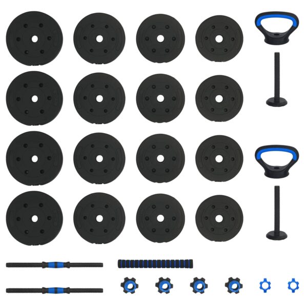 vidaXL 4-v-1 set činiek, činky a kettlebellu 30kg 30kg Čierna a modrá – Obrázok 6