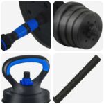 vidaXL 4-v-1 set činiek, činky a kettlebellu 30kg 30kg Čierna a modrá – Obrázok 7