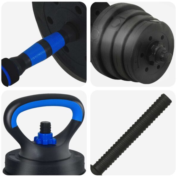vidaXL 4-v-1 set činiek, činky a kettlebellu 30kg 30kg Čierna a modrá – Obrázok 7