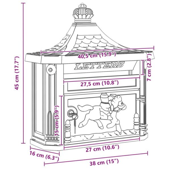 vidaXL Nástenná poštová schránka s dverami Červená 40.5 x 15.5 x 44 cm – Obrázok 11