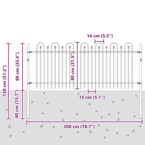 vidaXL Oblúkový plot s hrotmi Čierna 200 x 130 cm – Obrázok 7
