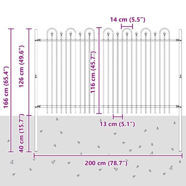 vidaXL Oblúkový plot s hrotmi Čierna 200 x 130 cm – Obrázok 7