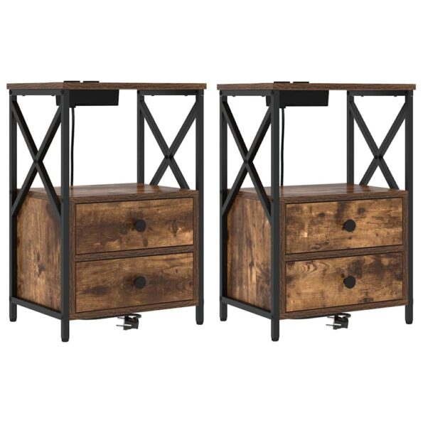 vidaXL Nočný stolík s nabíjacou stanicou so zásuvkou 2 pcs Tmavý dub – Obrázok 2