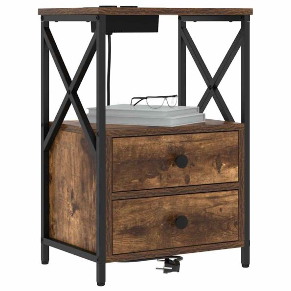 vidaXL Nočný stolík s nabíjacou stanicou so zásuvkou 2 pcs Tmavý dub – Obrázok 3