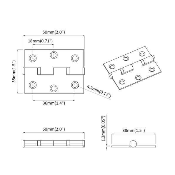 vidaXL Pánt 2 pcs Strieborná 50 x 38 x 1,3 mm Oceľ – Obrázok 9