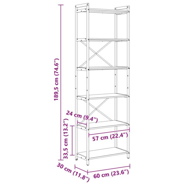 vidaXL Knižnica dub sonoma 60 x 30 x 188 cm MDF a oceľ – Obrázok 11