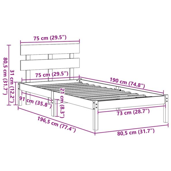 vidaXL Rám postele s čelom Biele 75x190 cm Pevné drevo Borovica – Obrázok 10