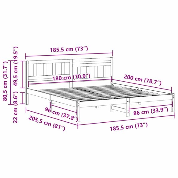 vidaXL Rám postele s čelnou doskou Hnedá 180 x 200 cm Borovicový masív – Obrázok 8