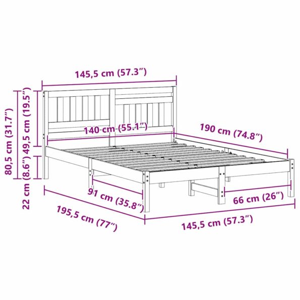 vidaXL Rám postele s čelnou doskou Biela 140 x 190 cm Borovicový masív – Obrázok 8