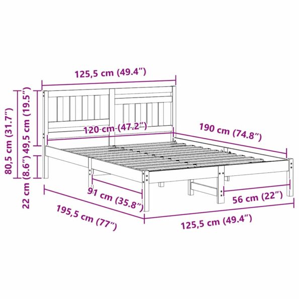 vidaXL Rám postele s čelnou doskou Biela 120 x 190 cm Borovicový masív – Obrázok 8