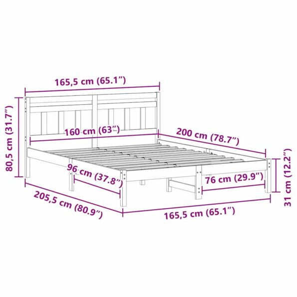 vidaXL Rám postele s čelnou doskou Biela 160 x 200 cm Borovicový masív – Obrázok 10