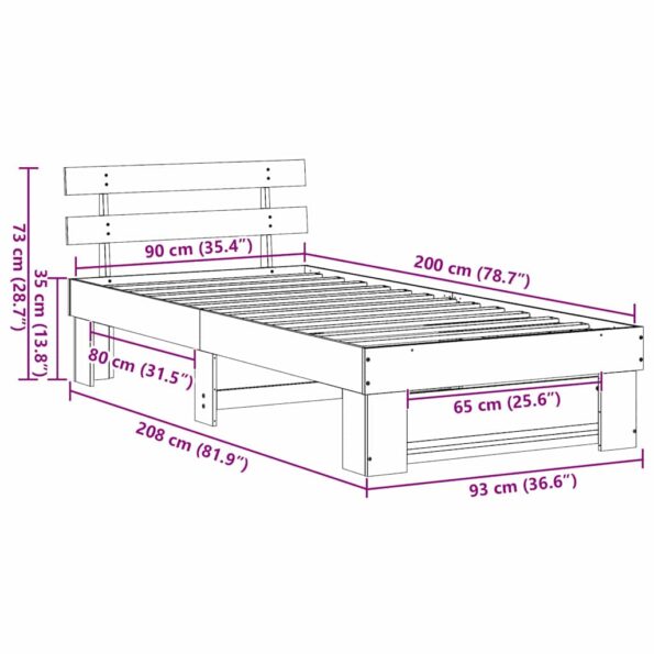 vidaXL Rám postele s čelnou doskou Hnedá 90 x 200 cm Borovicový masív – Obrázok 9