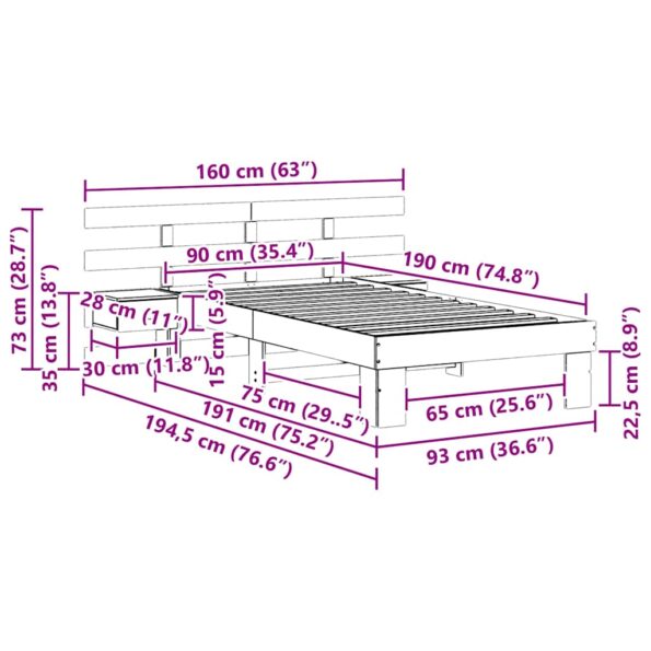vidaXL Rám postele s čelnou doskou Hnedá 90 x 190 cm Borovicový masív – Obrázok 10