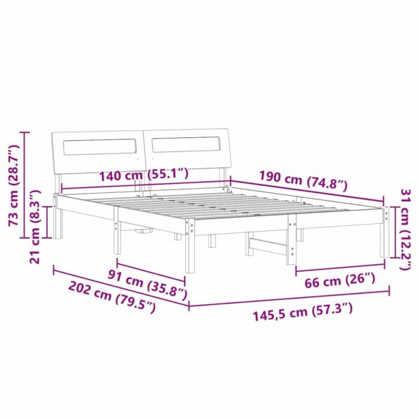 vidaXL Rám postele s čelnou doskou Hnedá 140 x 190 cm Borovicový masív – Obrázok 11