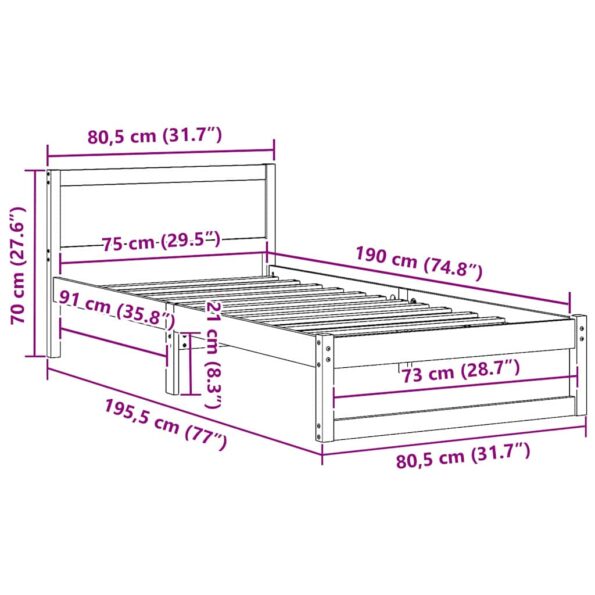 vidaXL Rám postele Biela Masívne borovicové drevo 75 x 190 cm Trvácny – Obrázok 10
