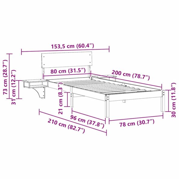 vidaXL Posteľový rám s nočnými stolíkmi Hnedá 80 x 200 cm – Obrázok 9