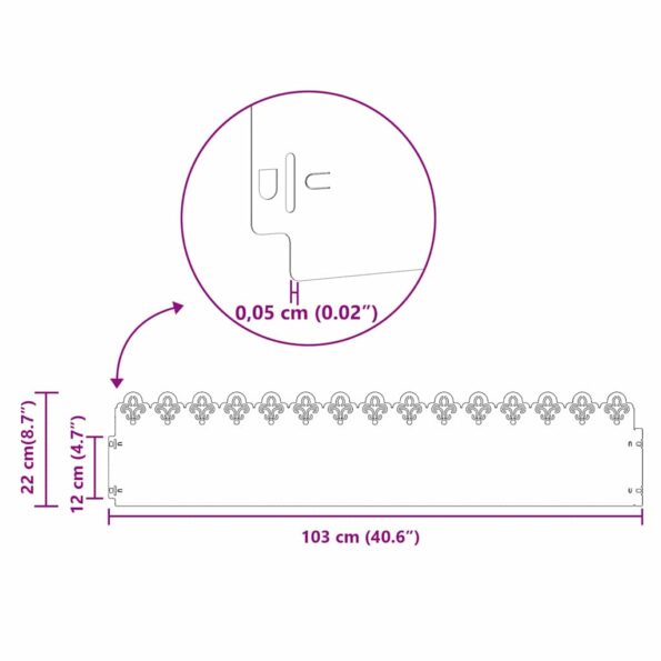 vidaXL Obrubníky trávnika 30 pcs Biela 103 x 0,05 x 22 cm Oceľ – Obrázok 11