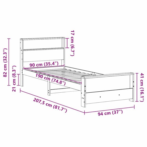 vidaXL Rám postele s čelnou doskou Hnedá 90 x 190 cm Borovicový masív – Obrázok 8