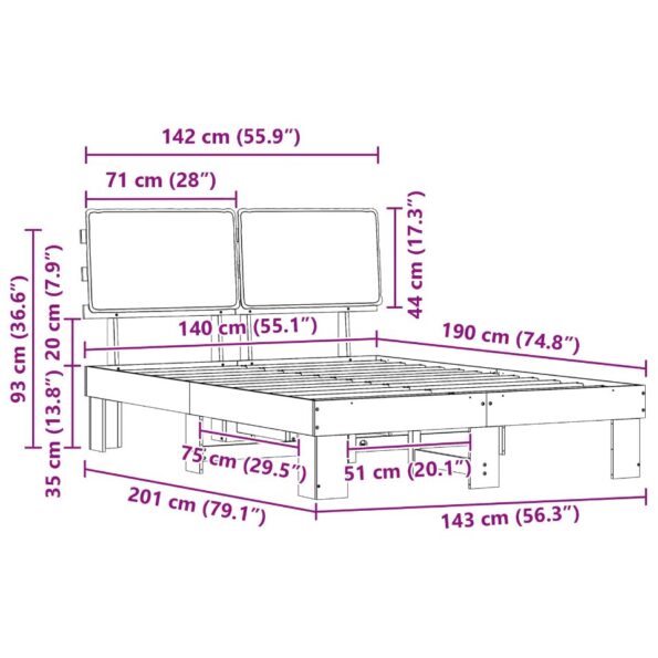 vidaXL Rám postele s čalúneným čelom Čierna 140 x 190 cm – Obrázok 11