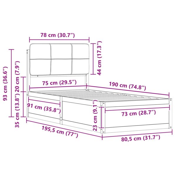 vidaXL Rám postele s čalúneným čelom Čierna 75 x 190 cm – Obrázok 11