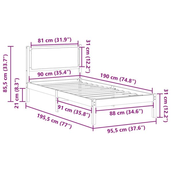 vidaXL Rám postele Svetlosivá 90 x 190 cm Masívne borovicové drevo – Obrázok 11
