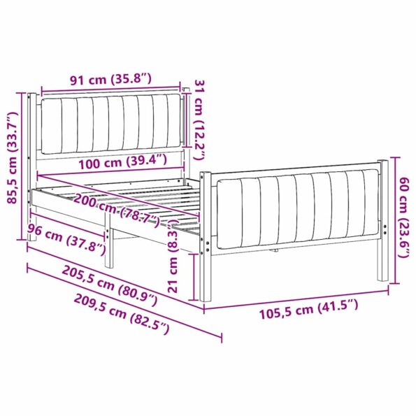 vidaXL Rám postele Hnedá a čierna 100 x 200 cm Borovicový masív – Obrázok 11