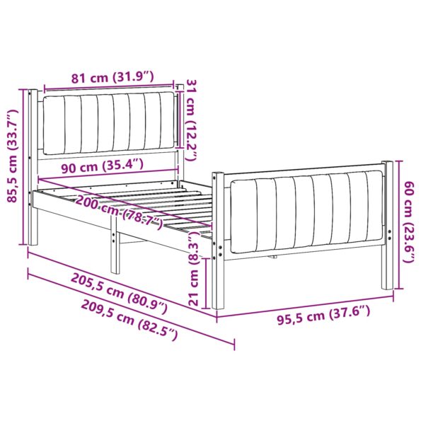 vidaXL Rám postele hnedá a tmavosivá 90 x 200 cm Borovicový masív – Obrázok 11