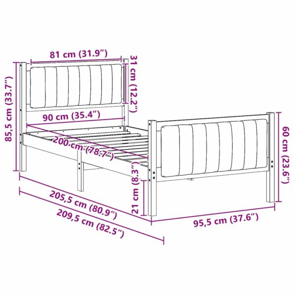 vidaXL Rám postele Hnedá a čierna 90 x 200 cm Borovicový masív – Obrázok 11