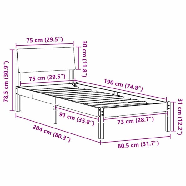 vidaXL Rám postele Hnedá a čierna 75 x 190 cm Borovicový masív – Obrázok 11