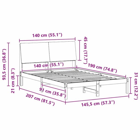 vidaXL Rám postele Hnedá a taupe 140 x 190 cm Borovicový masív – Obrázok 11