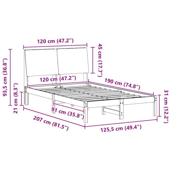 vidaXL Rám postele Hnedá a čierna 120 x 190 cm Borovicový masív – Obrázok 11