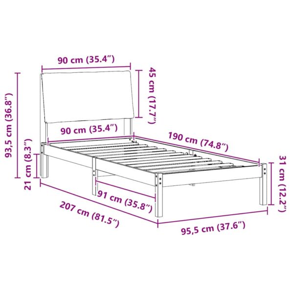 vidaXL Rám postele hnedá a tmavosivá 90 x 190 cm Borovicový masív – Obrázok 11