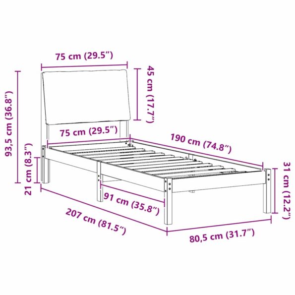 vidaXL Rám postele Hnedá a čierna 75 x 190 cm Borovicový masív – Obrázok 11