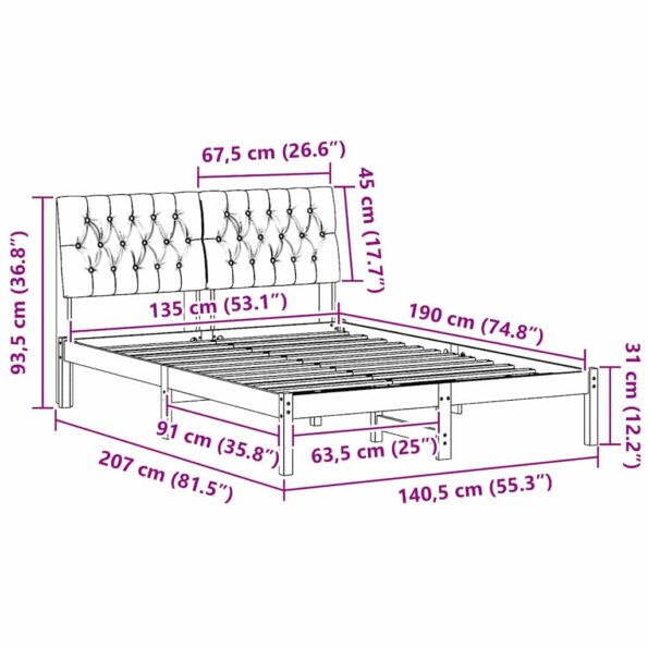 vidaXL Rám postele s čalúneným čelom Hnedá 135 x 190 cm – Obrázok 11