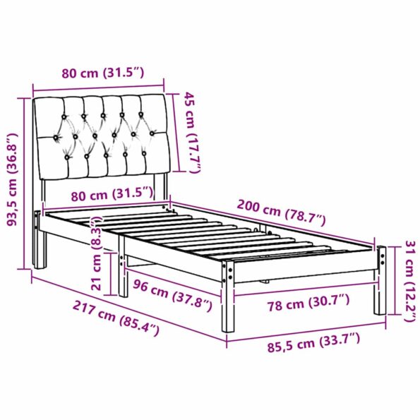 vidaXL Rám postele s čalúneným čelom s čelnou doskou Biela 80 x 200 cm – Obrázok 11