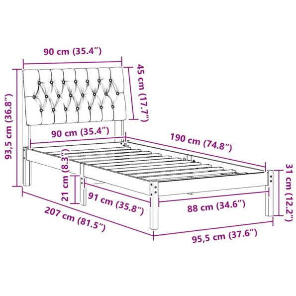 vidaXL Rám postele s čalúneným čelom s čelnou doskou Hnedá 90 x 190 cm – Obrázok 11